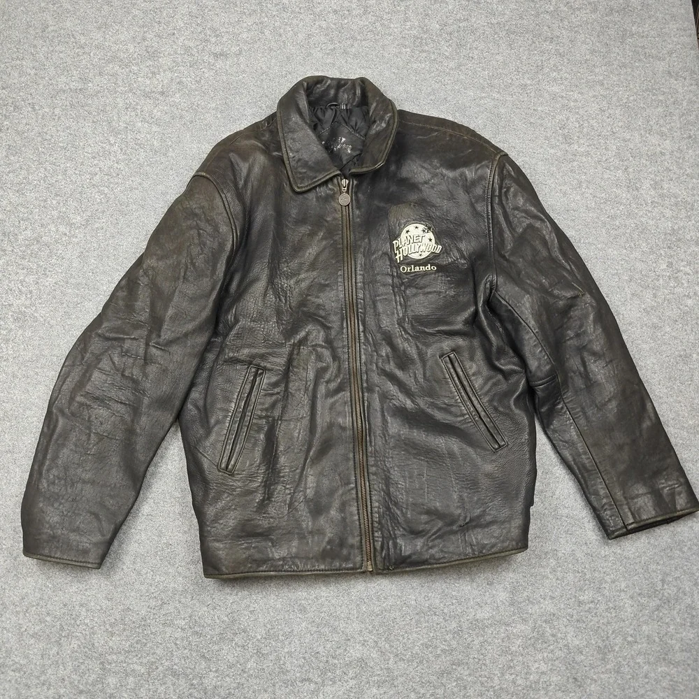 Vintage Planet Hollywood Jacket Mens‎ Medium Black Leather Orlando Back Logo
